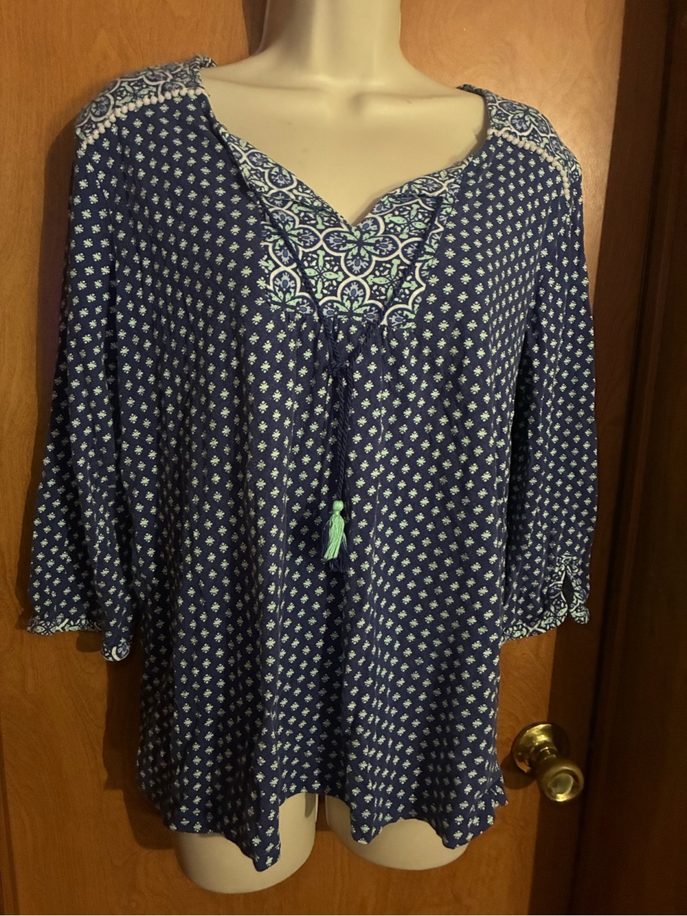 Women's Navy Blue Printed Peasant Top with Tassel Tie